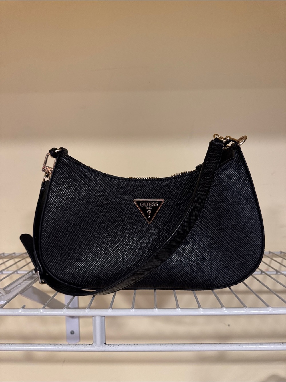 GUESS Black Crescent Shoulder Bag with Gold Logo
